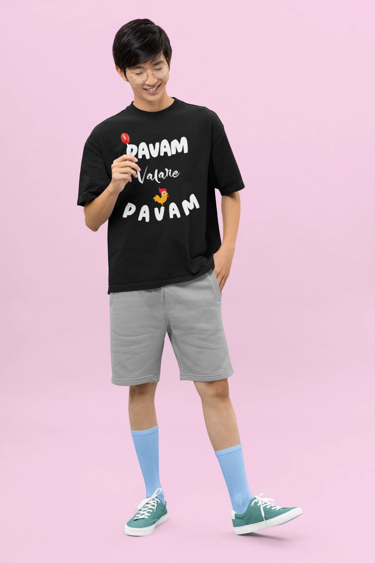 Men's Black Pavam Valare Pavam Graphic Printed Cotton Oversized T-Shirt