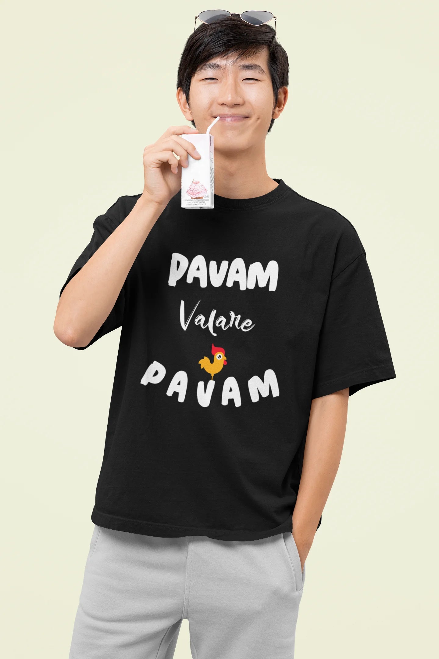 Men's Black Pavam Valare Pavam Graphic Printed Cotton Oversized T-Shirt