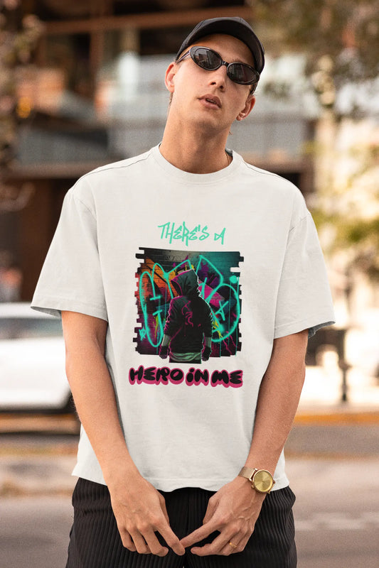 Men's There is a Hero in me Graphic Printed White Color Oversized T-shirt